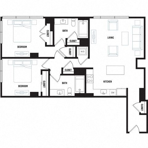 Floor plan for 2 beds, 2 baths, 944 sqft